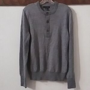 Banana Republic Sweater Mens 100% Merino Wool Gray Striped Crew Henley size M